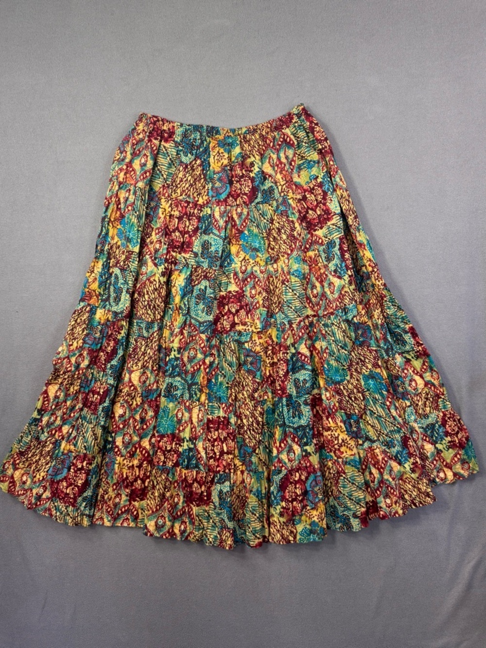 Vintage Y2K Boho Patchwork Pleated Midi Skirt, Ruffle Tiered 100% Cotton, 1X - Picture 9 of 13